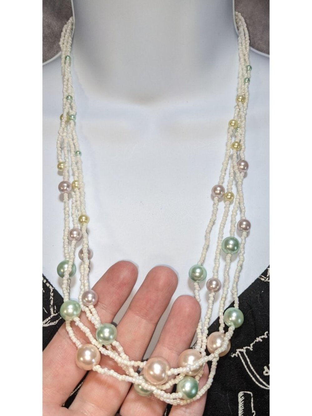 Coquette Cottagecore Layered Faux Pearl Seed Bead Multi Strand Statement Necklac - Picture 2 of 5